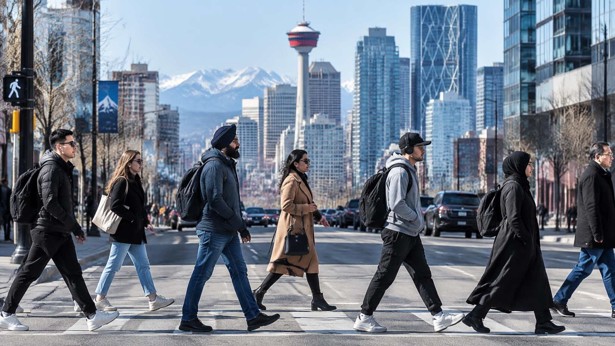 Pedestrians crossing a downtown Calgary street with the skyline behind