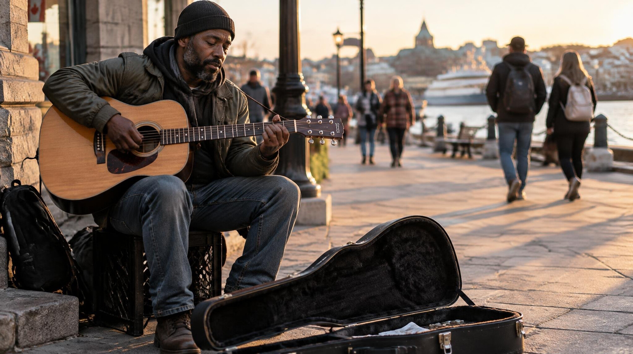 Street musician playing guitar on a Halifax sidewalk