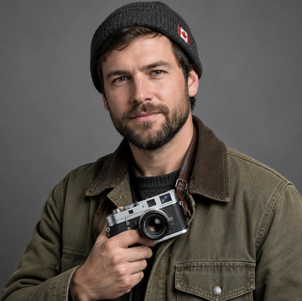Portrait of a Canadian street photographer holding a camera