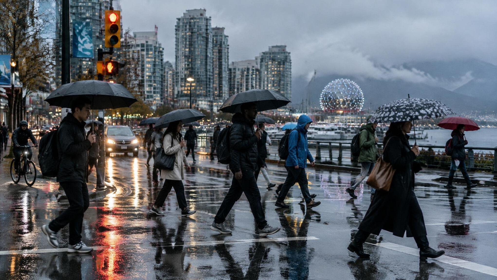 Pedestrians with umbrellas crossing a rainy Vancouver street
