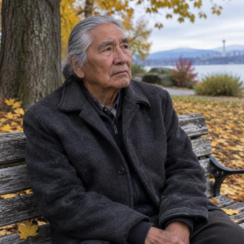 Elderly man sitting on a park bench in a Canadian city