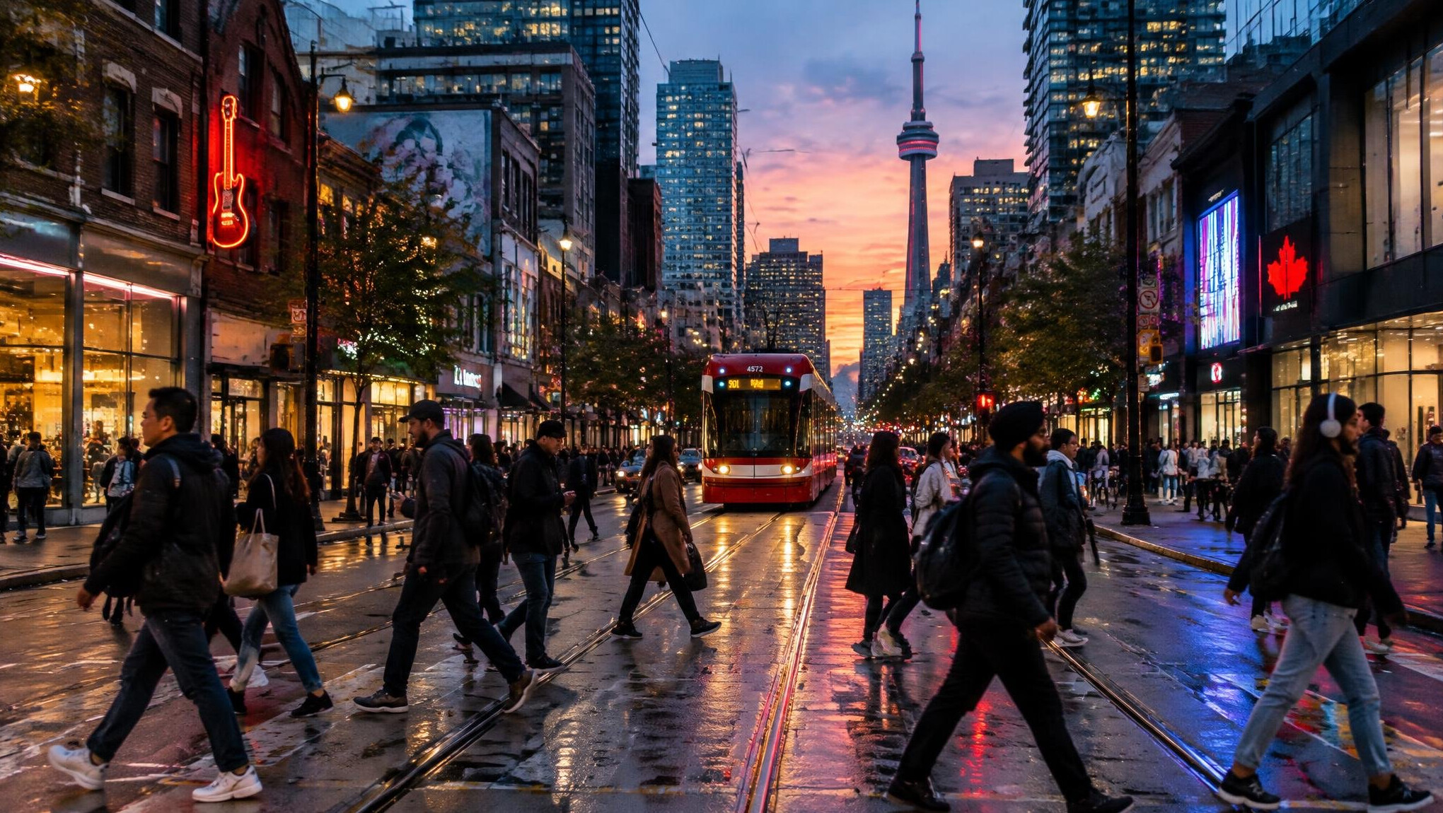 Busy downtown Toronto street at dusk with pedestrians and glowing shop signs