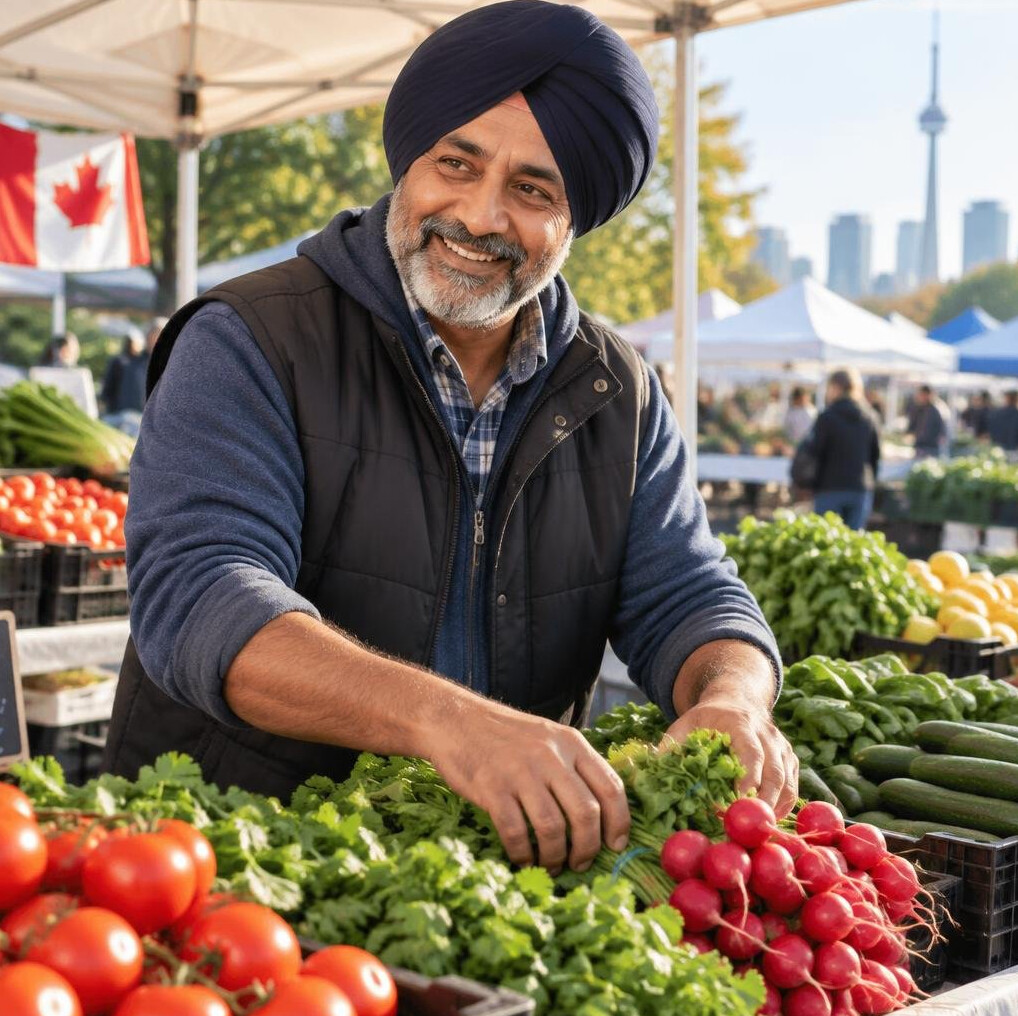 Portrait of a market vendor arranging produce at an outdoor Canadian market
