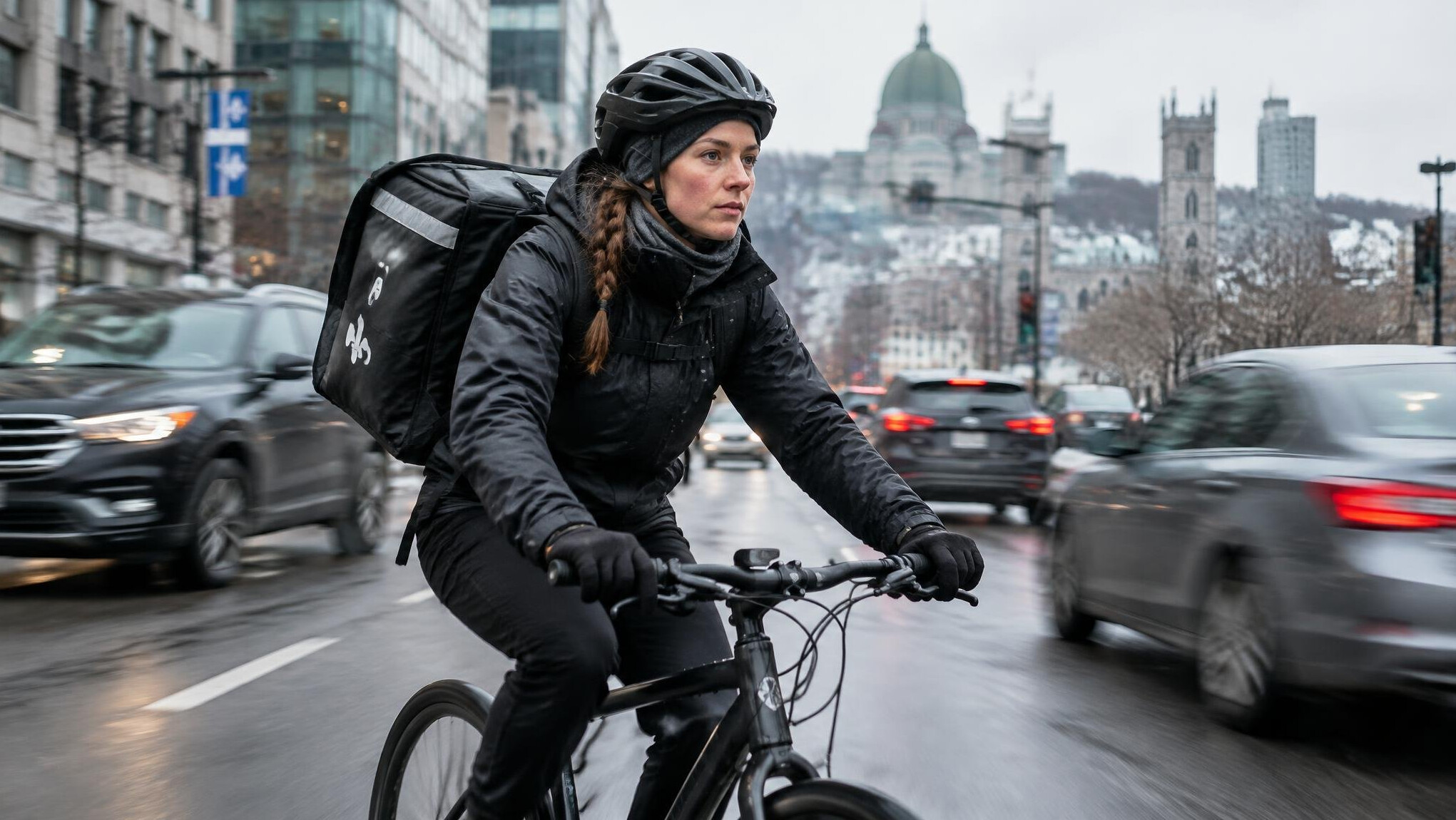 Bicycle courier riding through downtown Montreal traffic