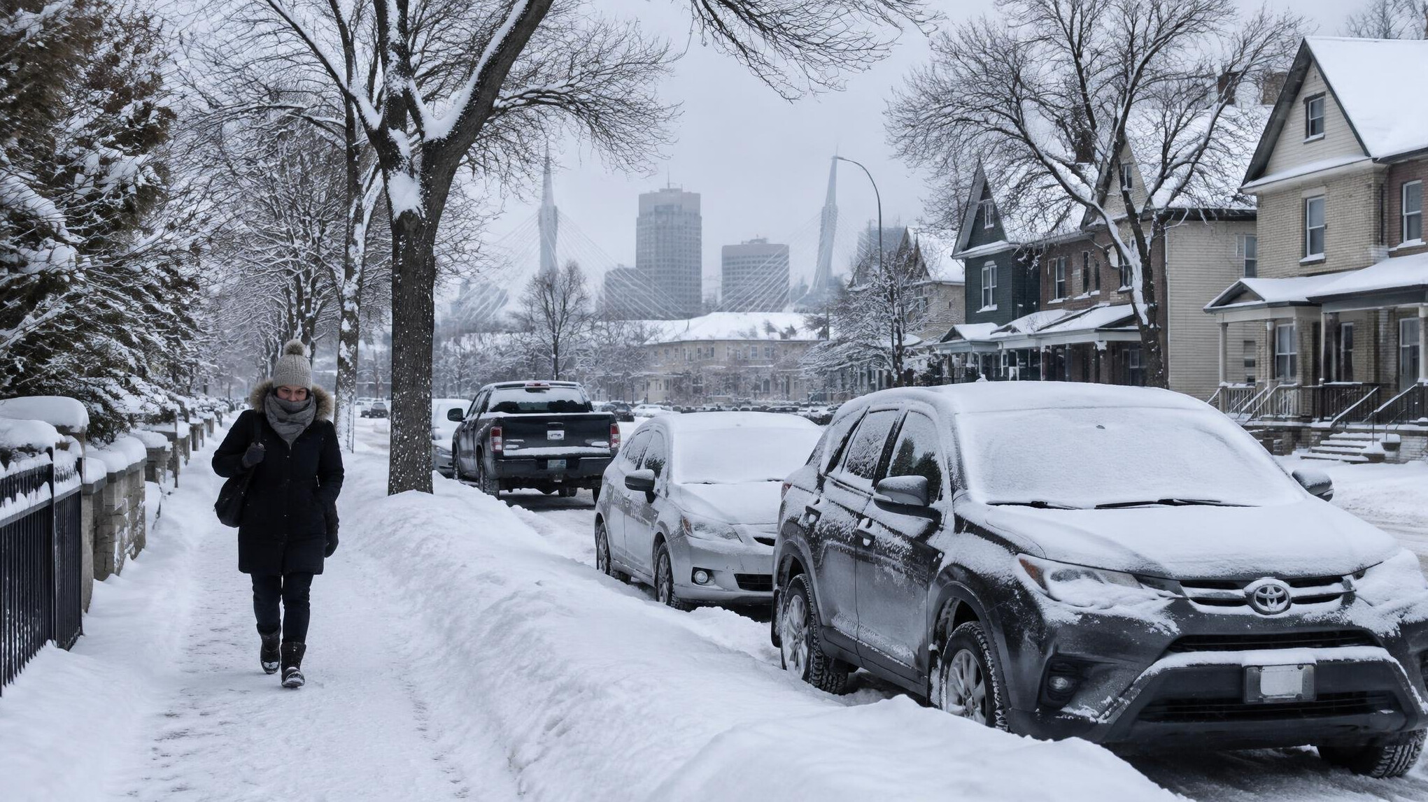Snow covered street in Winnipeg with a lone pedestrian