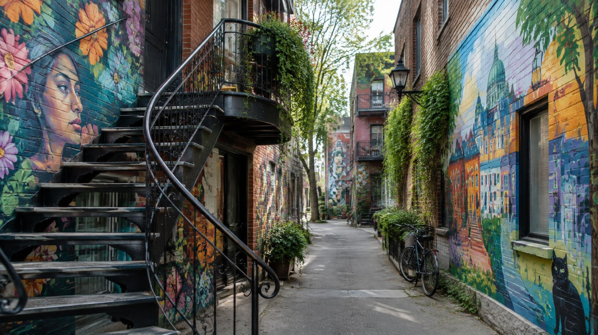 Colorful mural covered alley in Montreal's Plateau neighbourhood