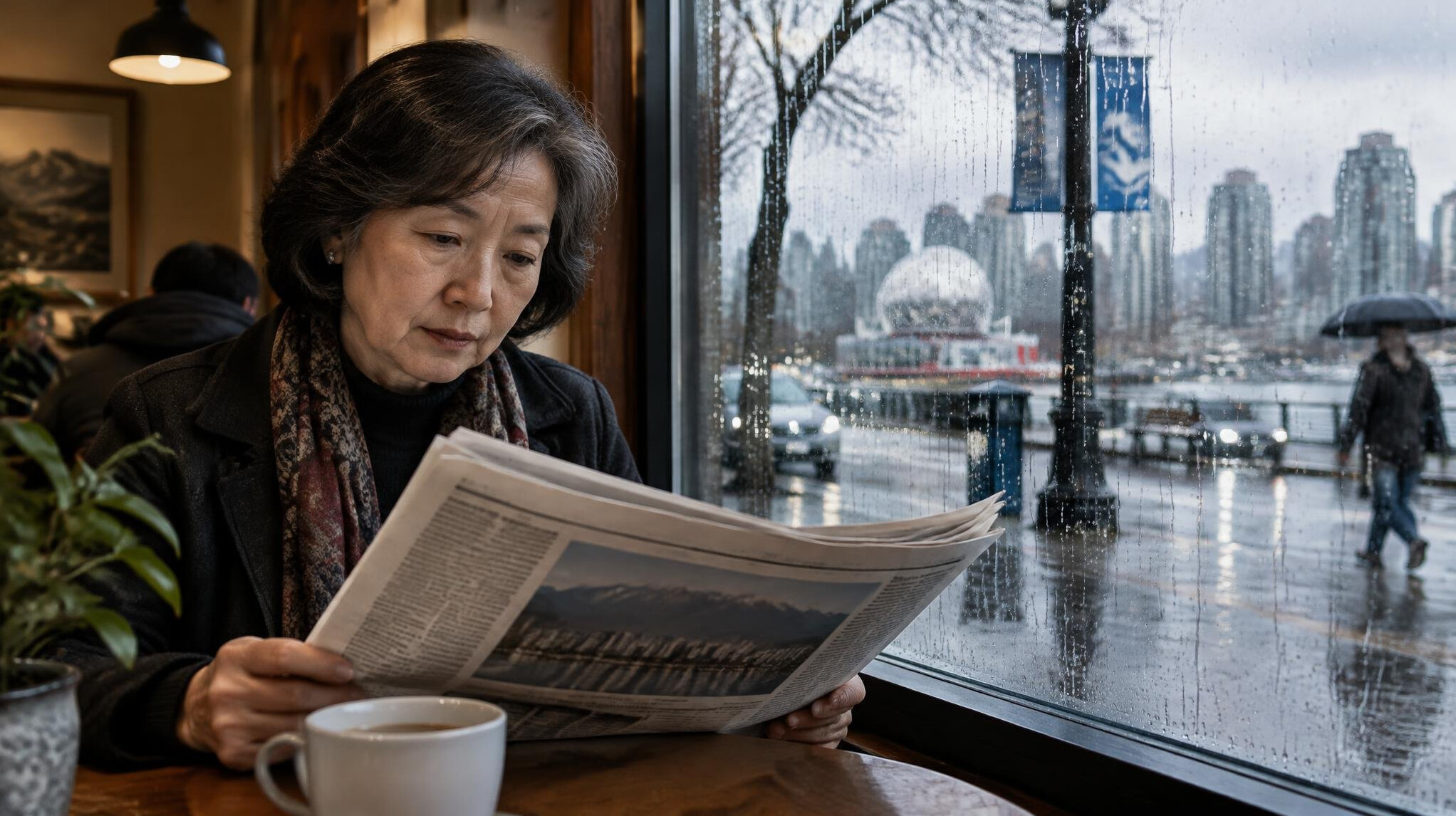 Person reading by a rain streaked cafe window in Vancouver